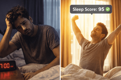 Comparison of waking up tired vs waking up refreshed after 8 hours of sleep.