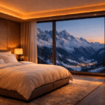 Luxury sleep tourism destination with mountain view and circadian lighting.