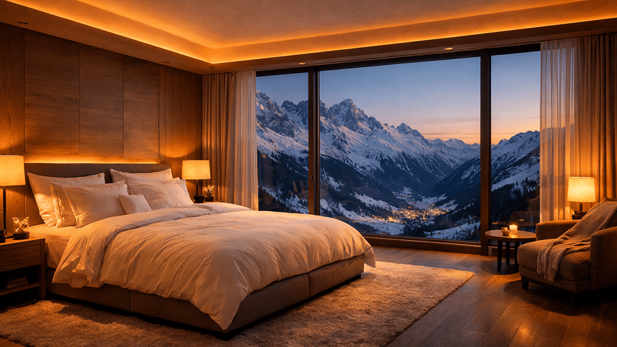 Luxury sleep tourism destination with mountain view and circadian lighting.