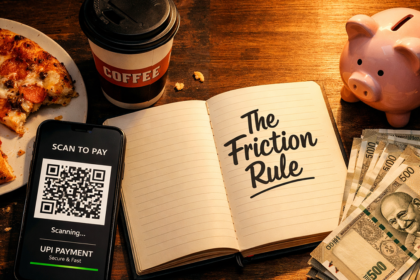 Smartphone UPI scanner and coffee compared to saving money using the friction rule in India.