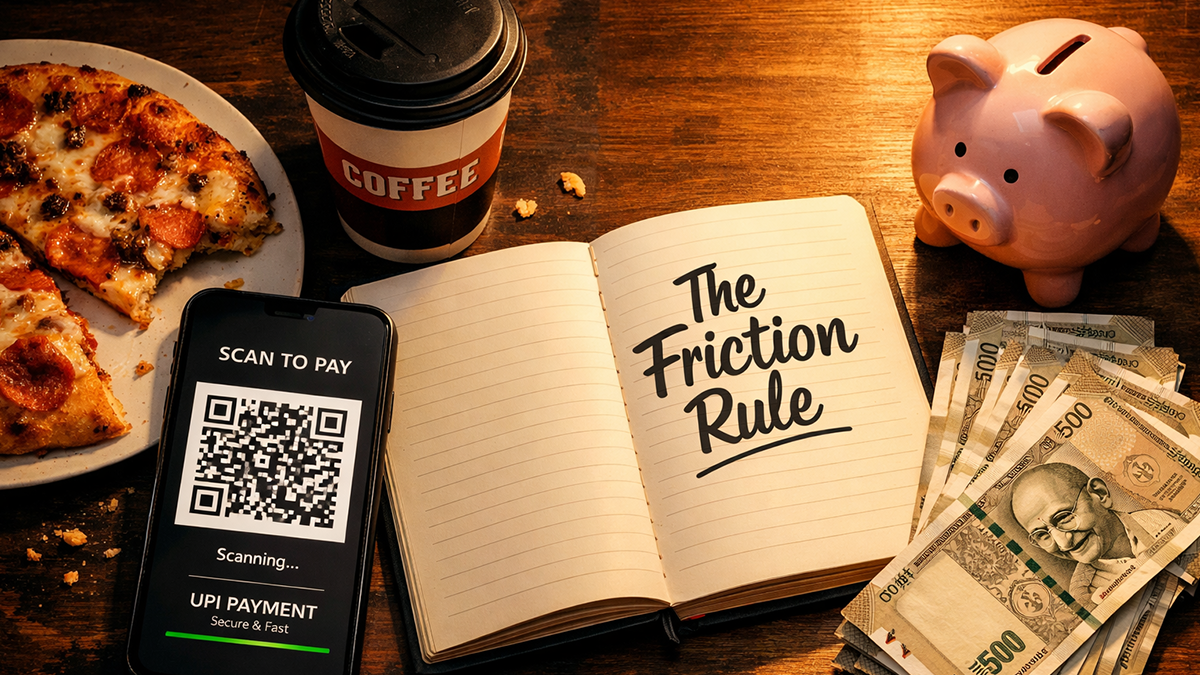 Smartphone UPI scanner and coffee compared to saving money using the friction rule in India.