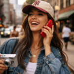 Gen Z user holding a retro flip phone participating in the Dumb Phone trend.