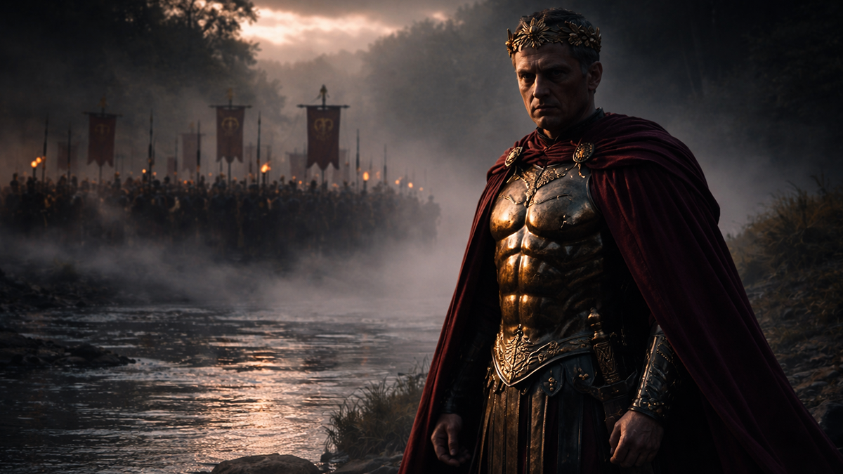 Julius Caesar standing at the Rubicon, illustrating the high-stakes Julius Caesar Strategy.