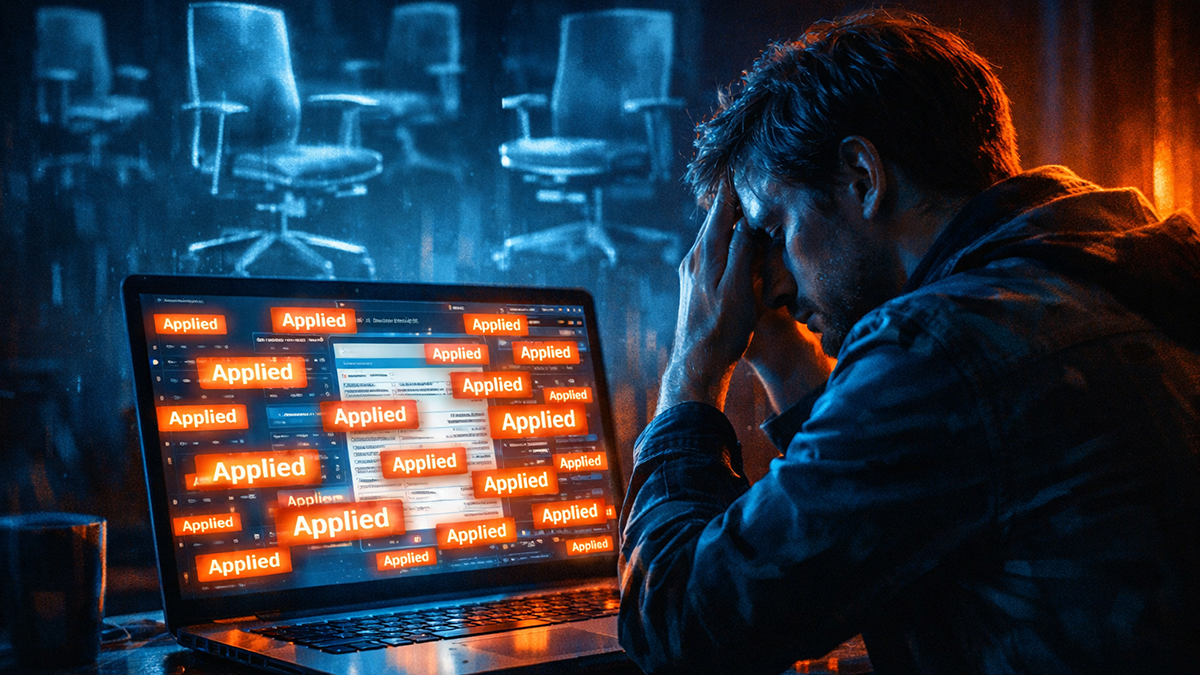 A frustrated job seeker dealing with the Ghost Job Epidemic on a laptop in 2026.