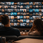 Couple experiencing OTT Fatigue scrolling through Netflix without picking a movie.