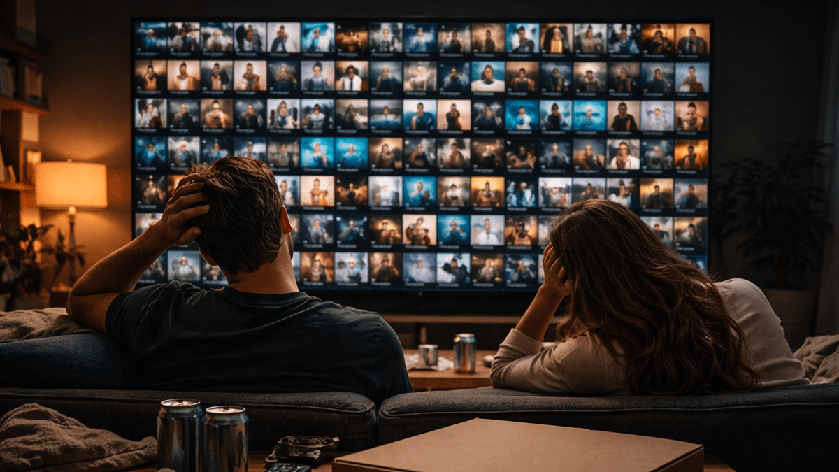 Couple experiencing OTT Fatigue scrolling through Netflix without picking a movie.