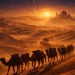 A camel caravan traveling through the desert, illustrating the vast scale of Silk Road History.