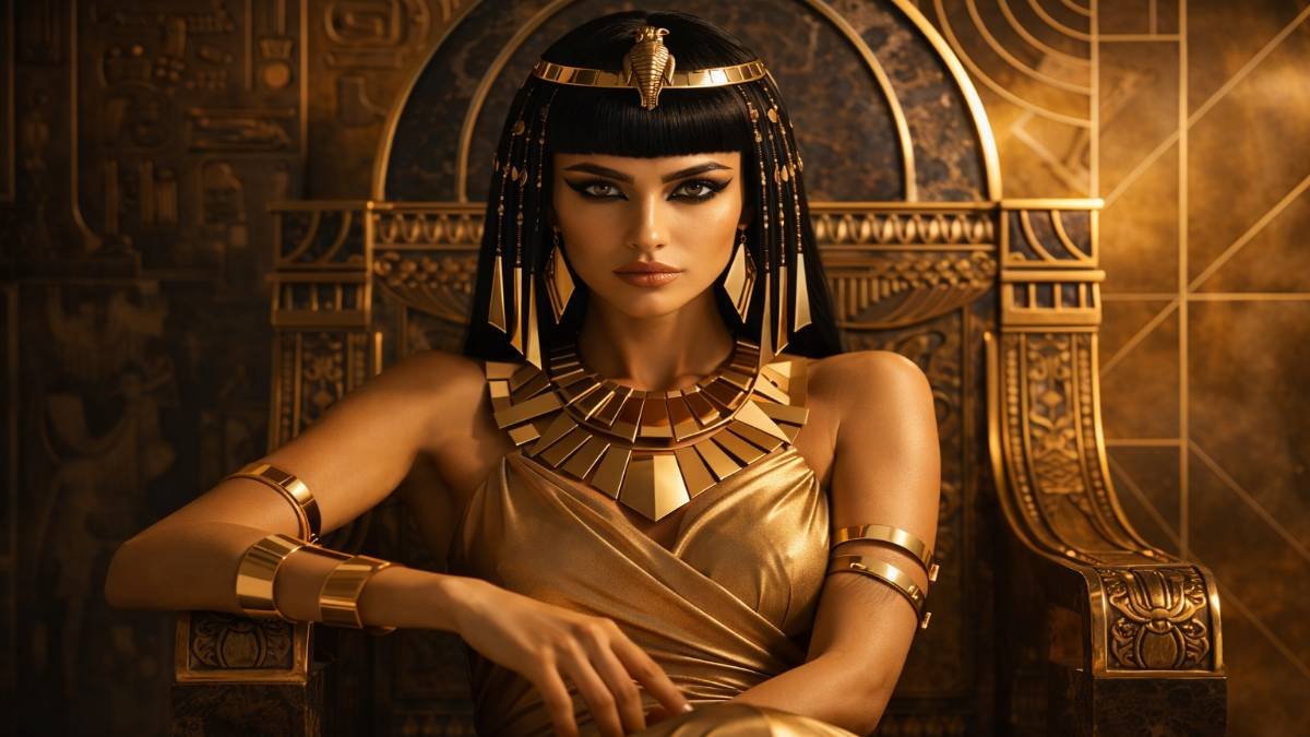 An artistic representation of Cleopatra VII illustrating her role as a master strategist and powerful historical leader.