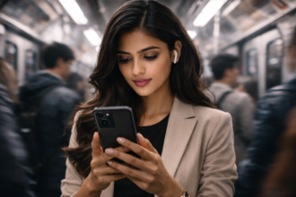 A professional using a smartphone for Microlearning during their daily commute.