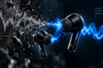 Digital soundwaves neutralizing noise, illustrating how Active Noise Cancellation works.