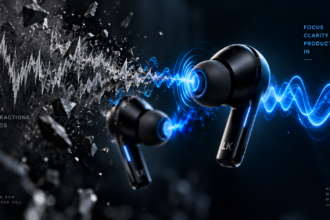 Digital soundwaves neutralizing noise, illustrating how Active Noise Cancellation works.
