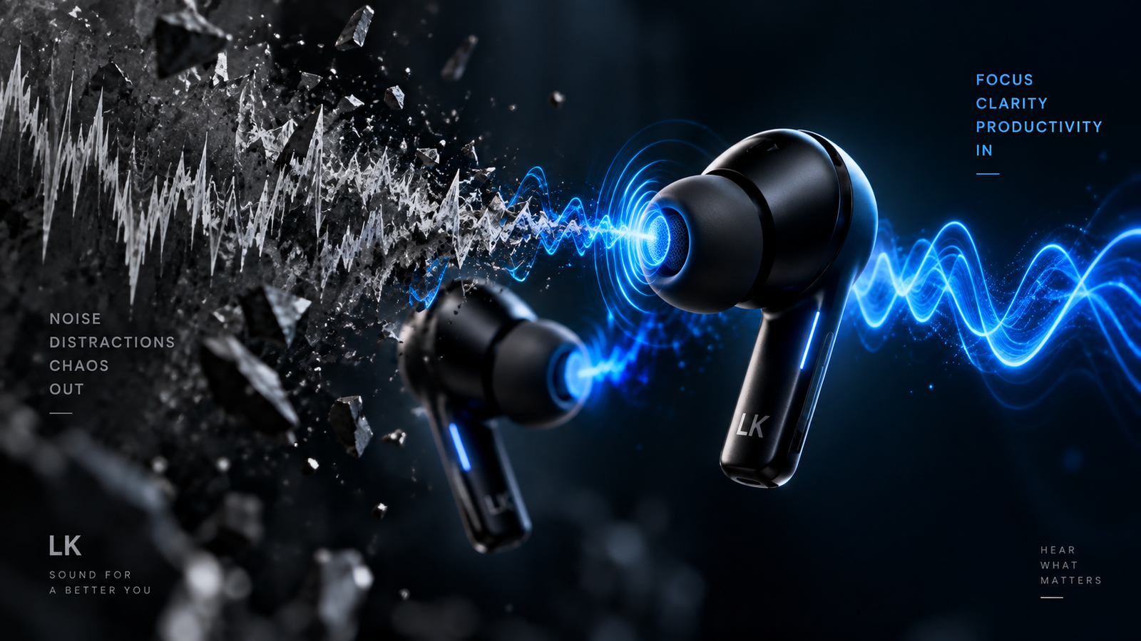 Digital soundwaves neutralizing noise, illustrating how Active Noise Cancellation works.