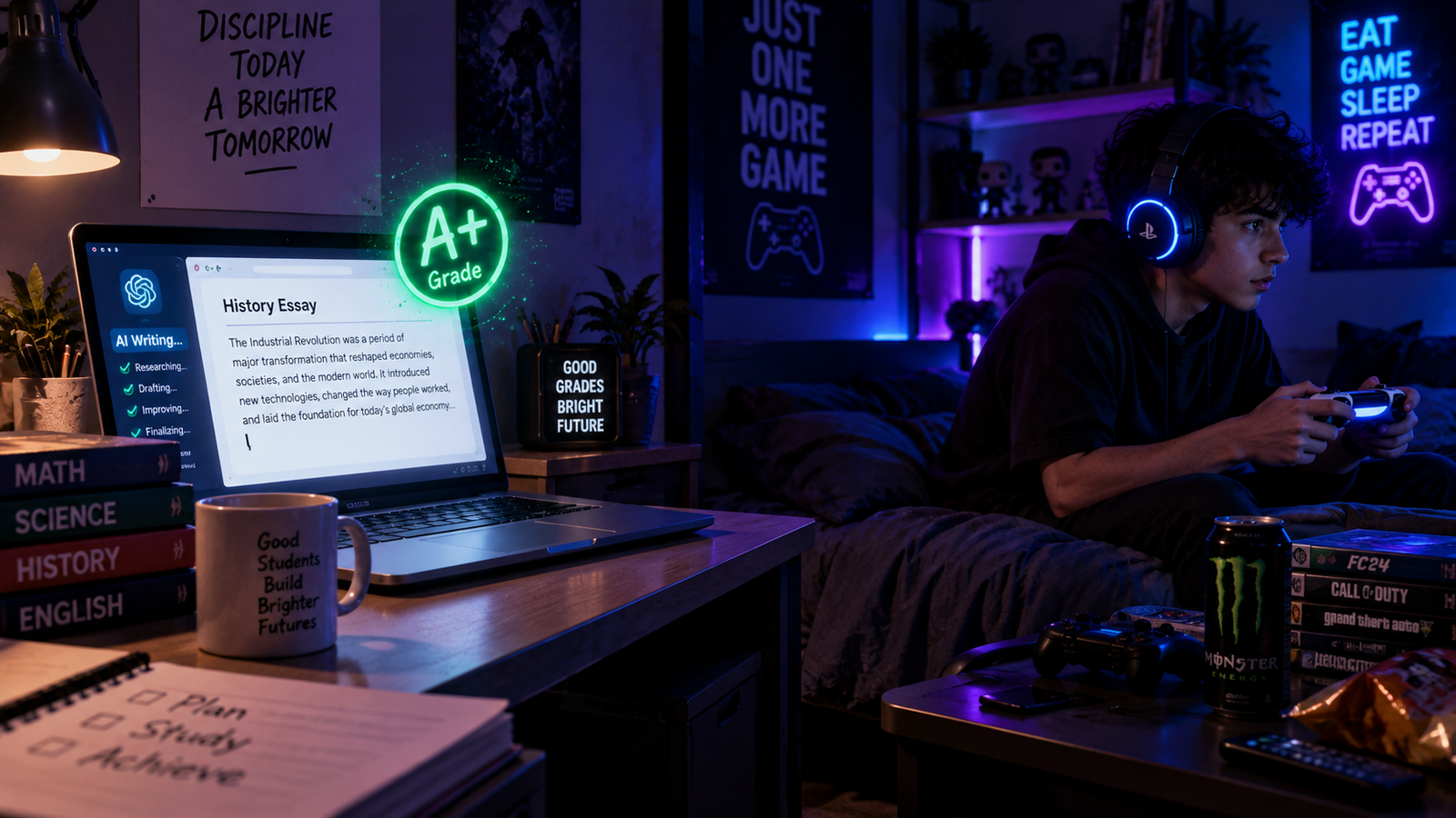 A student ignoring homework while an AI agent completes it, illustrating the Future of Homework.