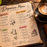 A handwritten Dopamine Menu on a rustic table, illustrating a modern productivity and mental health hack.