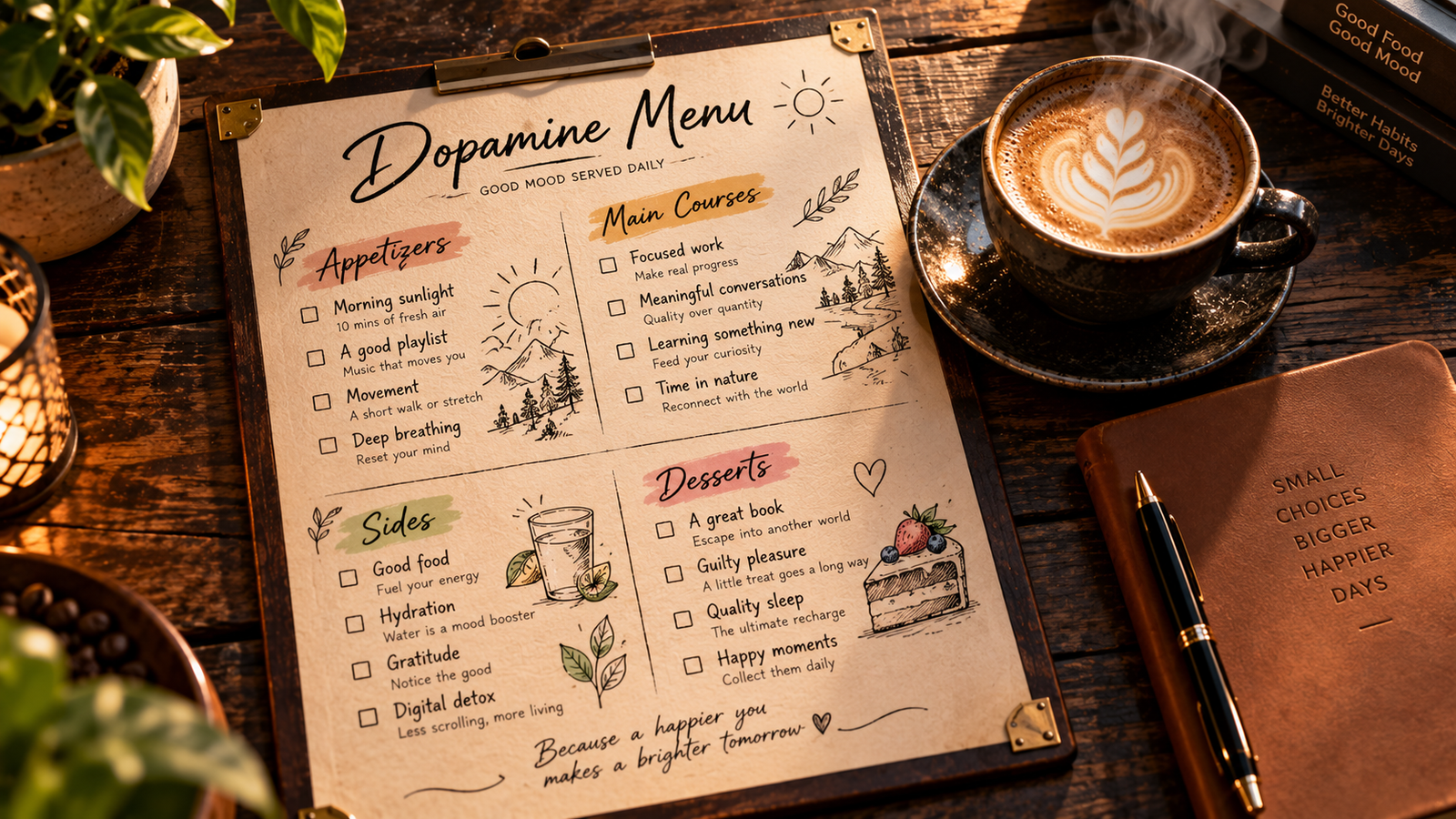 A handwritten Dopamine Menu on a rustic table, illustrating a modern productivity and mental health hack.