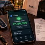 A smartphone showing a salary credit notification surrounded by luxury shopping bags, illustrating lifestyle creep.