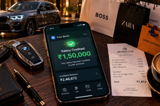 A smartphone showing a salary credit notification surrounded by luxury shopping bags, illustrating lifestyle creep.