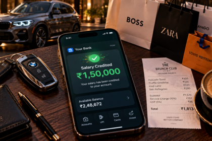 A smartphone showing a salary credit notification surrounded by luxury shopping bags, illustrating lifestyle creep.