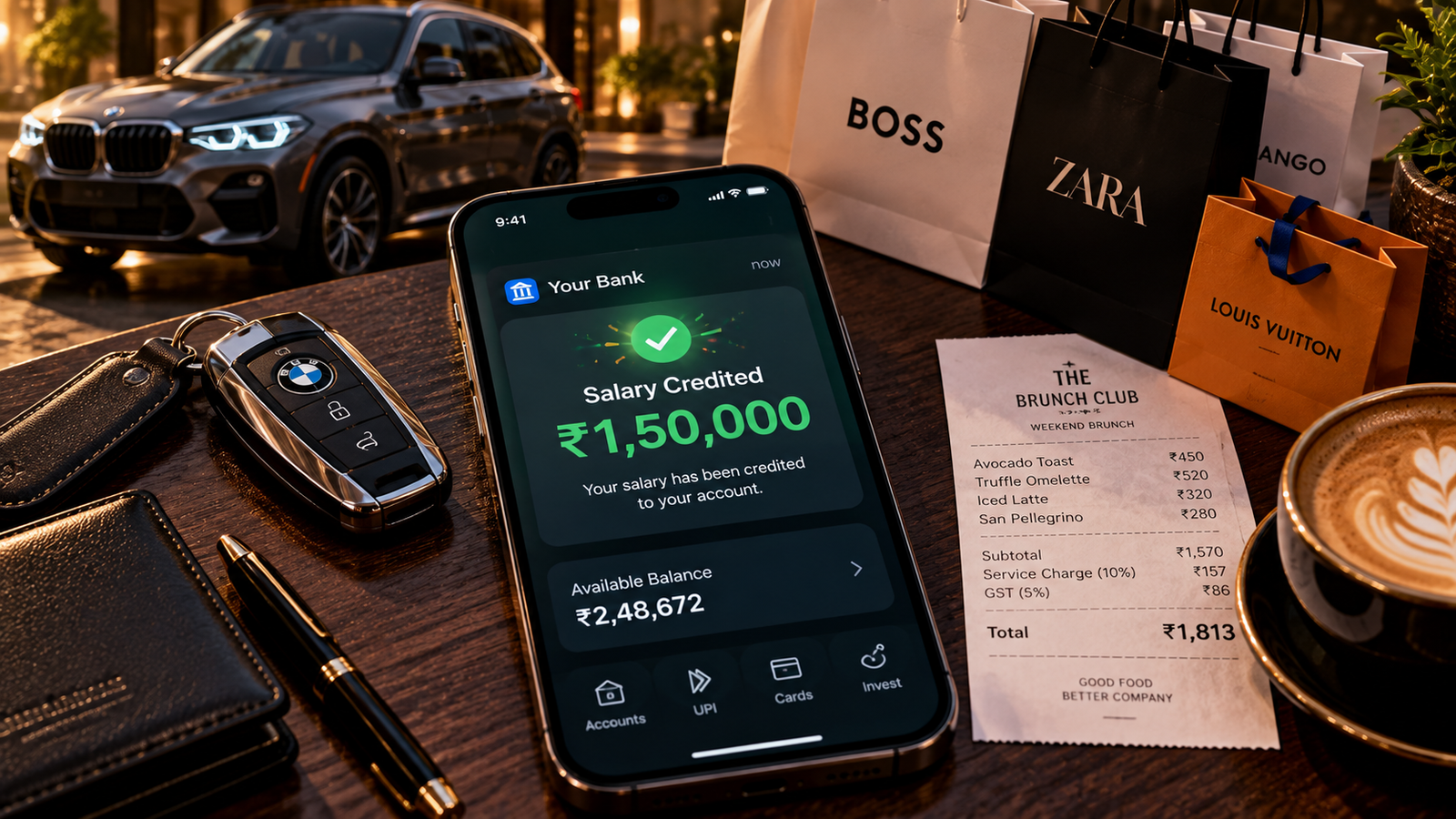 A smartphone showing a salary credit notification surrounded by luxury shopping bags, illustrating lifestyle creep.