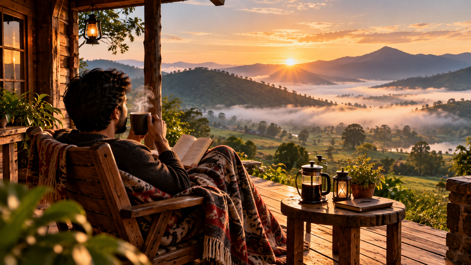 A person relaxing on a porch illustrating the power of slow travel benefits and doing nothing on vacation.