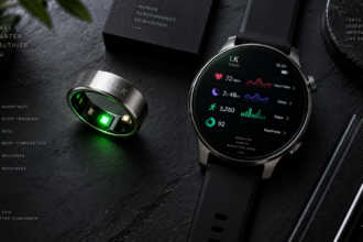 A titanium smart ring and a modern smartwatch compared, representing the Smart Ring vs Smartwatch debate.