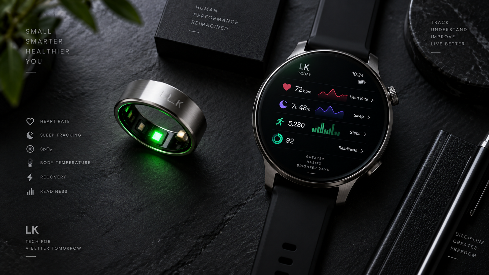 A titanium smart ring and a modern smartwatch compared, representing the Smart Ring vs Smartwatch debate.