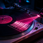 A vinyl record player transitioning into digital code, illustrating why modern music sounds same.