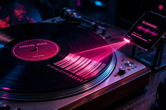 A vinyl record player transitioning into digital code, illustrating why modern music sounds same.
