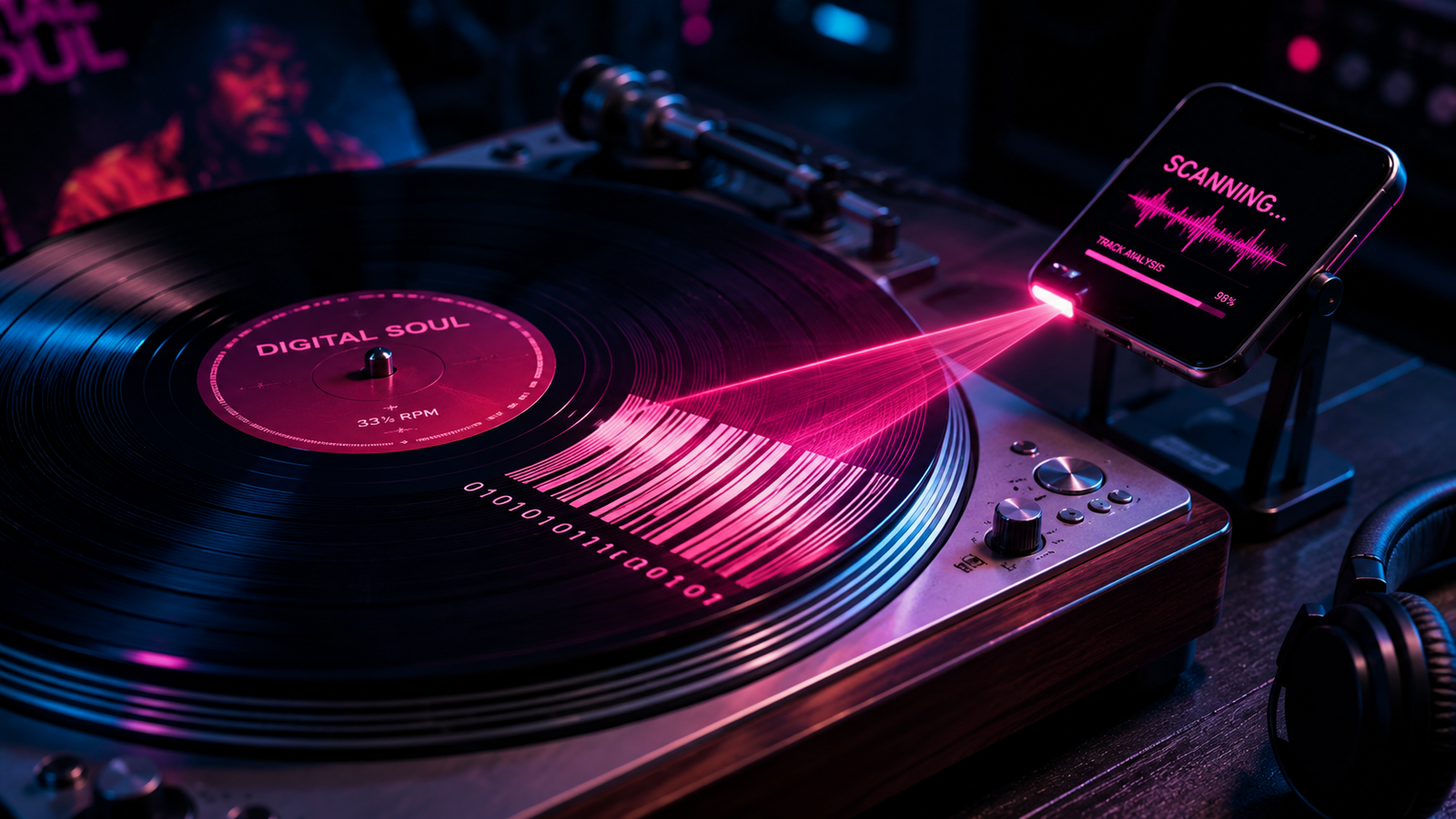 A vinyl record player transitioning into digital code, illustrating why modern music sounds same.