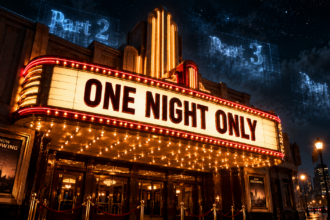 A retro movie theater marquee showing a single, original film representing the rise of standalone movies.