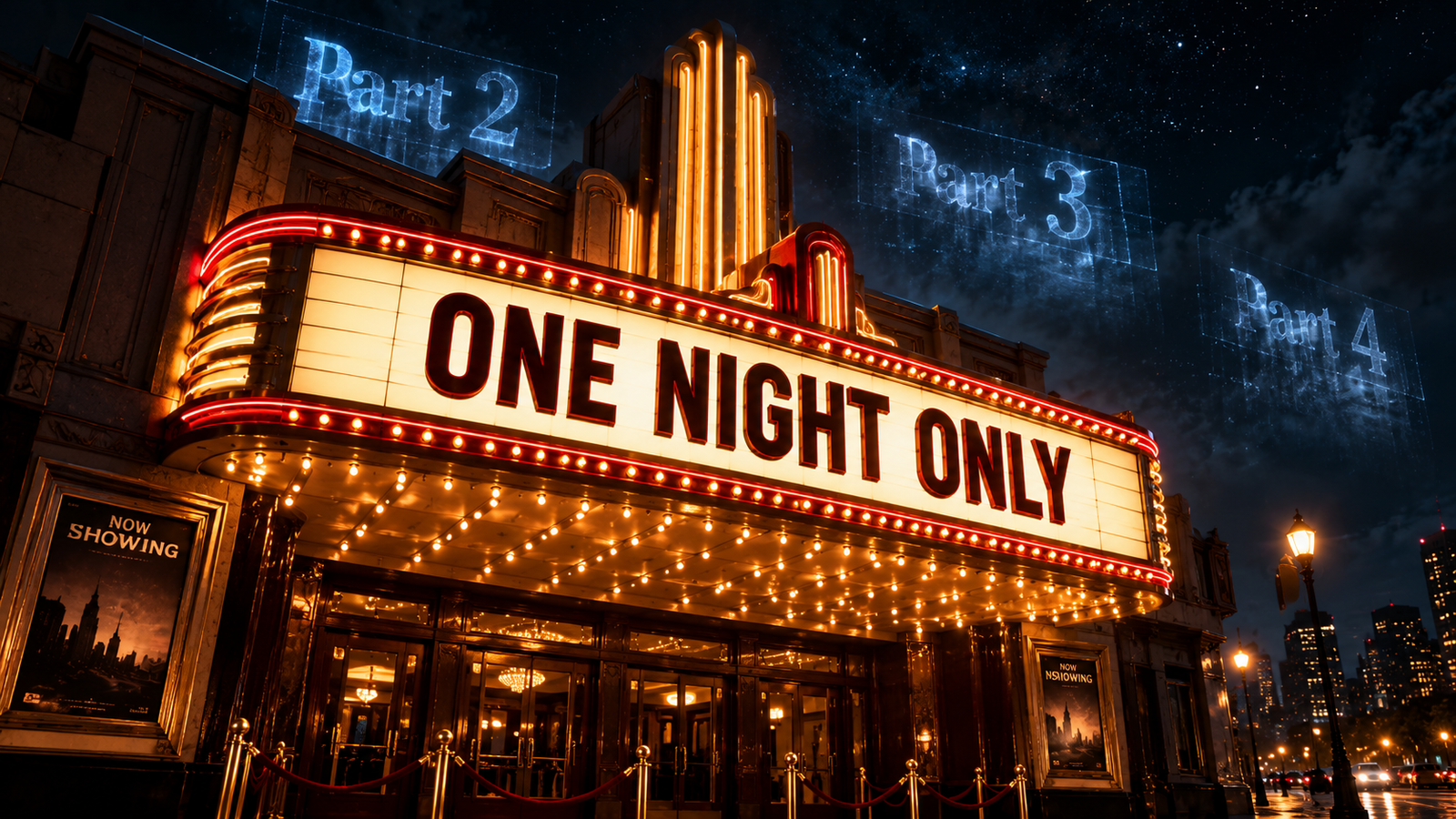 A retro movie theater marquee showing a single, original film representing the rise of standalone movies.