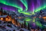 Vibrant green and violet auroras dancing over a winter fjord, showcasing the Best Places to See Northern Lights.
