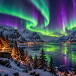 Vibrant green and violet auroras dancing over a winter fjord, showcasing the Best Places to See Northern Lights.