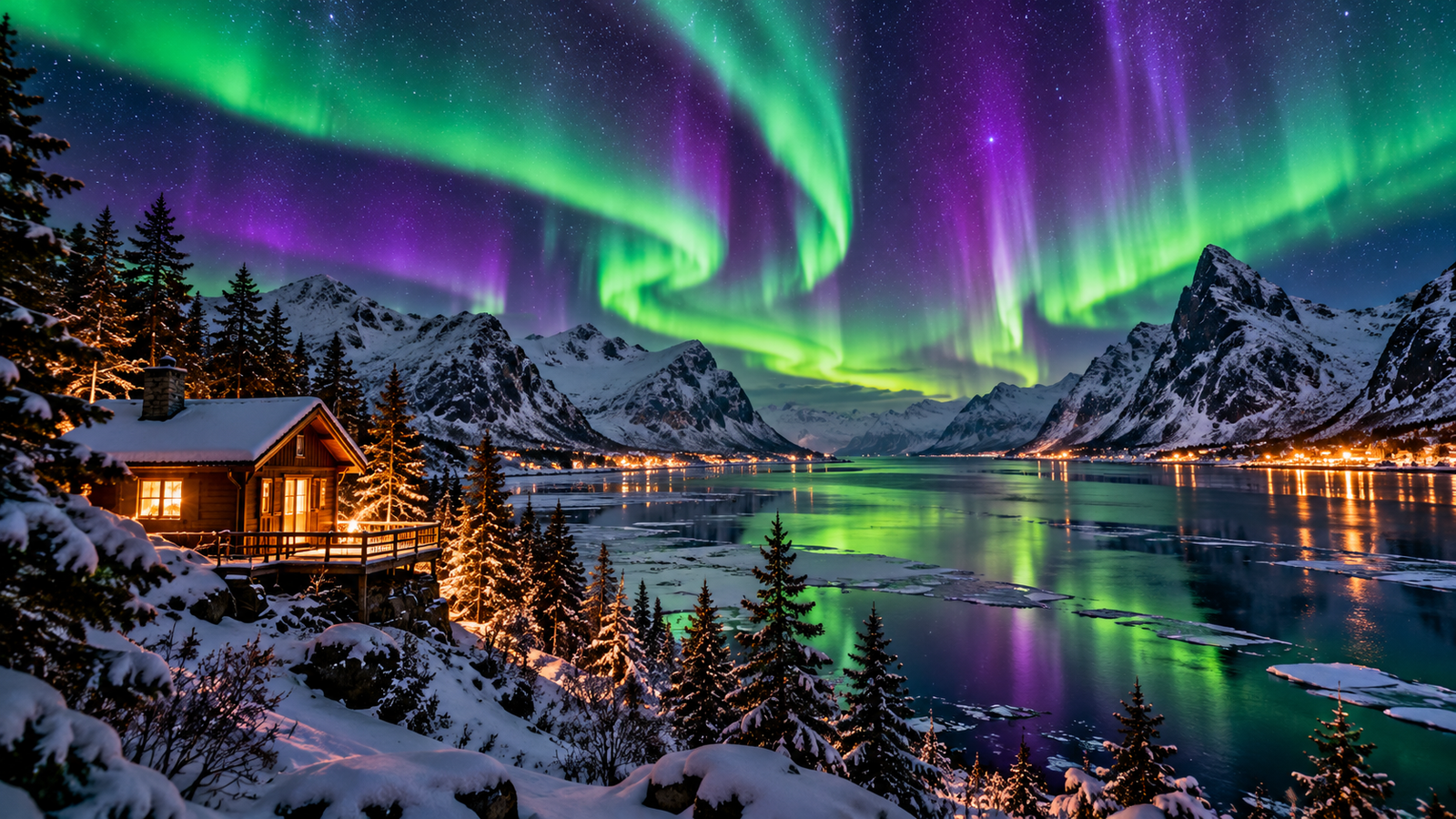 Vibrant green and violet auroras dancing over a winter fjord, showcasing the Best Places to See Northern Lights.