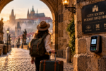 A traveler encountering a digital toll sign illustrating the rise of Tourist Taxes and Rules in historic cities.