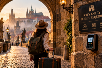 A traveler encountering a digital toll sign illustrating the rise of Tourist Taxes and Rules in historic cities.