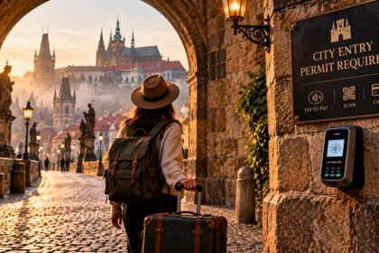 A traveler encountering a digital toll sign illustrating the rise of Tourist Taxes and Rules in historic cities.