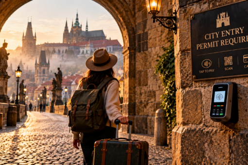 A traveler encountering a digital toll sign illustrating the rise of Tourist Taxes and Rules in historic cities.