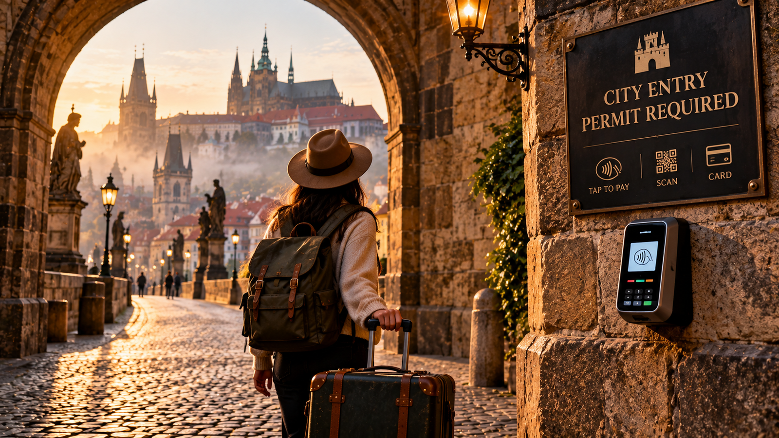 A traveler encountering a digital toll sign illustrating the rise of Tourist Taxes and Rules in historic cities.