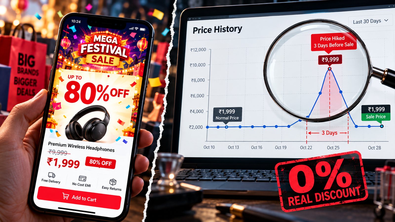 Price history graph revealing artificial discounts during online shopping festival sales.